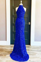 Custom Blue Sequin Prom Dresses Mermaid Halter Long Formal Dress with Slit MyChicDress