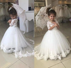 Cute Lace Flower Girl Dresses Half Sleeves Wedding Girl Dress with Train MyChicDress