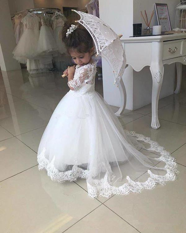 Cute Lace Flower Girl Dresses Half Sleeves Wedding Girl Dress with Train MyChicDress