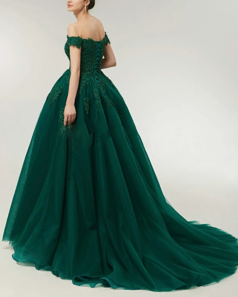 Dark Green Lace Ball Gown Prom Dresses Off the Shoulder Formal Gowns MyChicDress