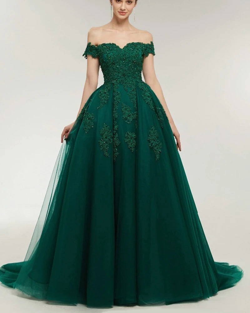 Dark Green Lace Ball Gown Prom Dresses Off the Shoulder Formal Gowns MyChicDress