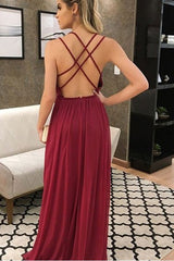 Deep V Neck Burgundy Bridesmaid Dresses High Slit Pleated Dress MyChicDress