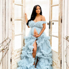 Dusty Blue Ruffles Puffy Tulle Maternity Robe Tulle Pregnant Photo Shoot Robes MyChicDress