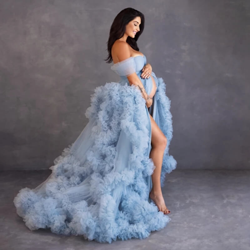 Dusty Blue Ruffles Puffy Tulle Maternity Robe Tulle Pregnant Photo Shoot Robes MyChicDress