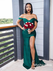 Elastic Satin Emerald Green Bridesmaid Dresses Off-the-shoulder Strapless MyChicDress