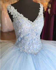 Elegant Lace Blue Quinceanera Dresses V-neck Sequin Ball Gowns Sweet 16 Dress MyChicDress