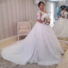 Elegant Lace Long Sleeves Wedding Dresses Plus Size Appliuqes Ball Gowns MyChicDress