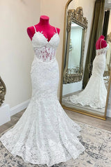 Elegant Lace White Wedding Dresses Long Mermaid Spaghetti Straps Bridal Wear MyChicDress