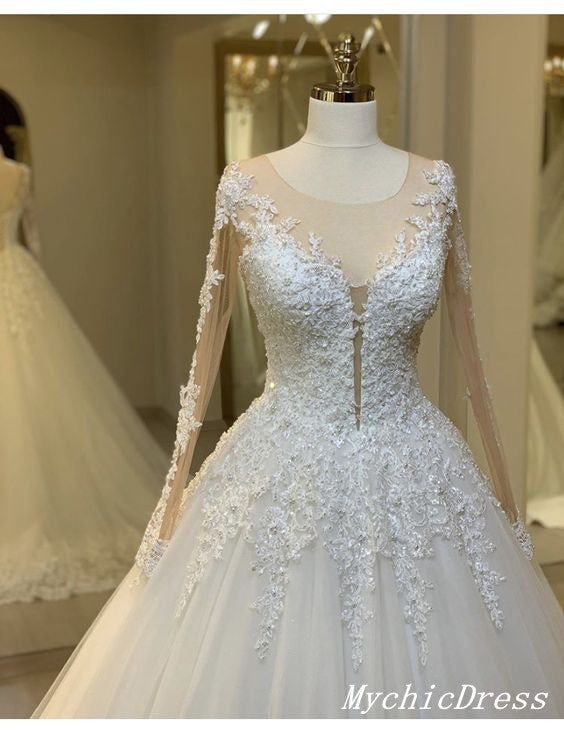 Elegant Tulle Lace Long Sleeves Wedding Dresses Ball Gown Winter Bridal Dress MyChicDress