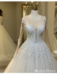 Elegant Tulle Lace Long Sleeves Wedding Dresses Ball Gown Winter Bridal Dress MyChicDress