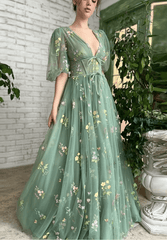 Embroidered Sage Green Prom Dresses Tulle Mesh Half Sleeves Flower Mexi Dress MyChicDress