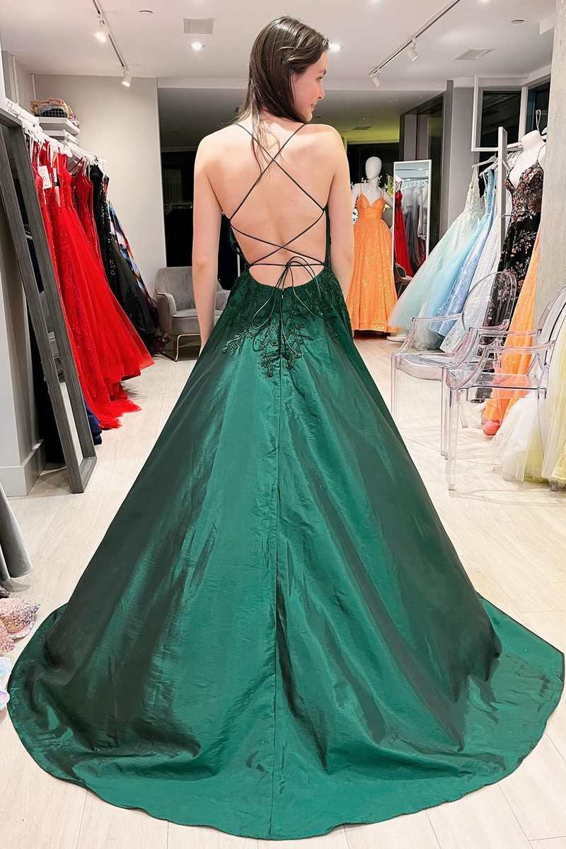 Emerald Green Prom Dresses A-Line Lace Satin Evening Dress UK Graduation Dress MyChicDress