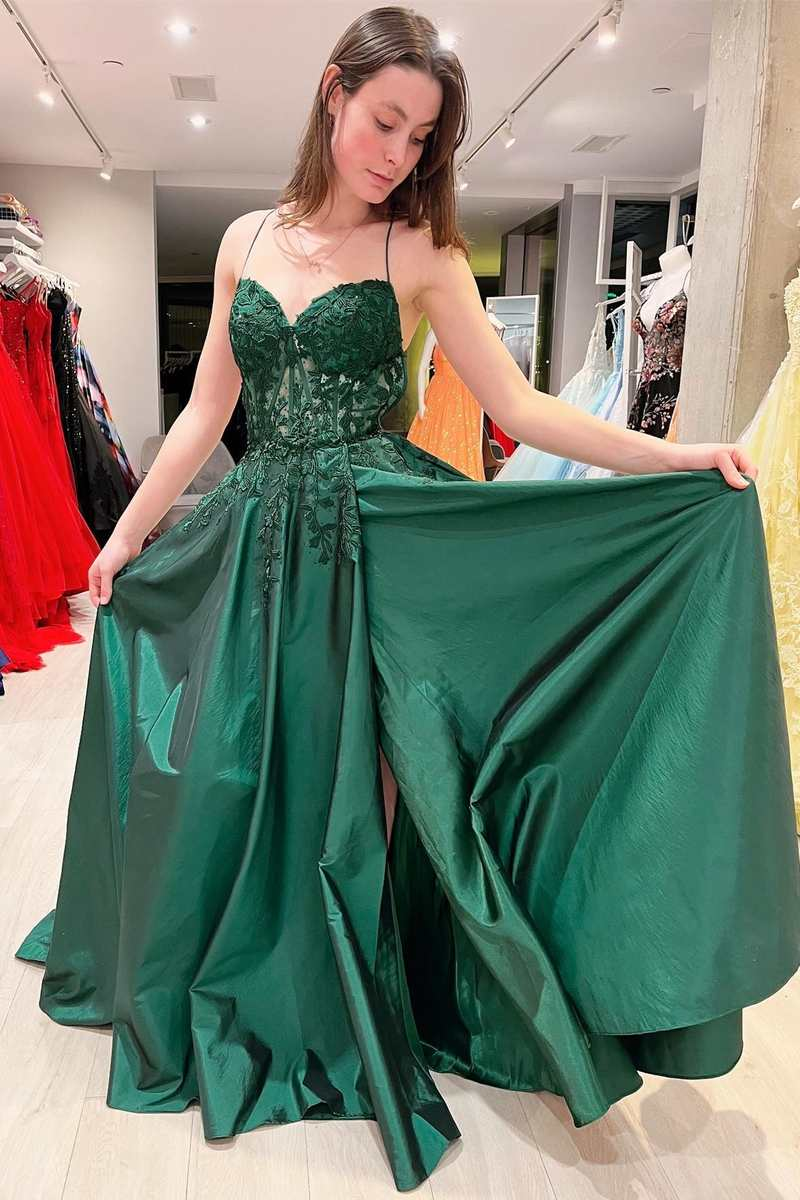 Emerald Green Prom Dresses A-Line Lace Satin Evening Dress UK Graduation Dress MyChicDress