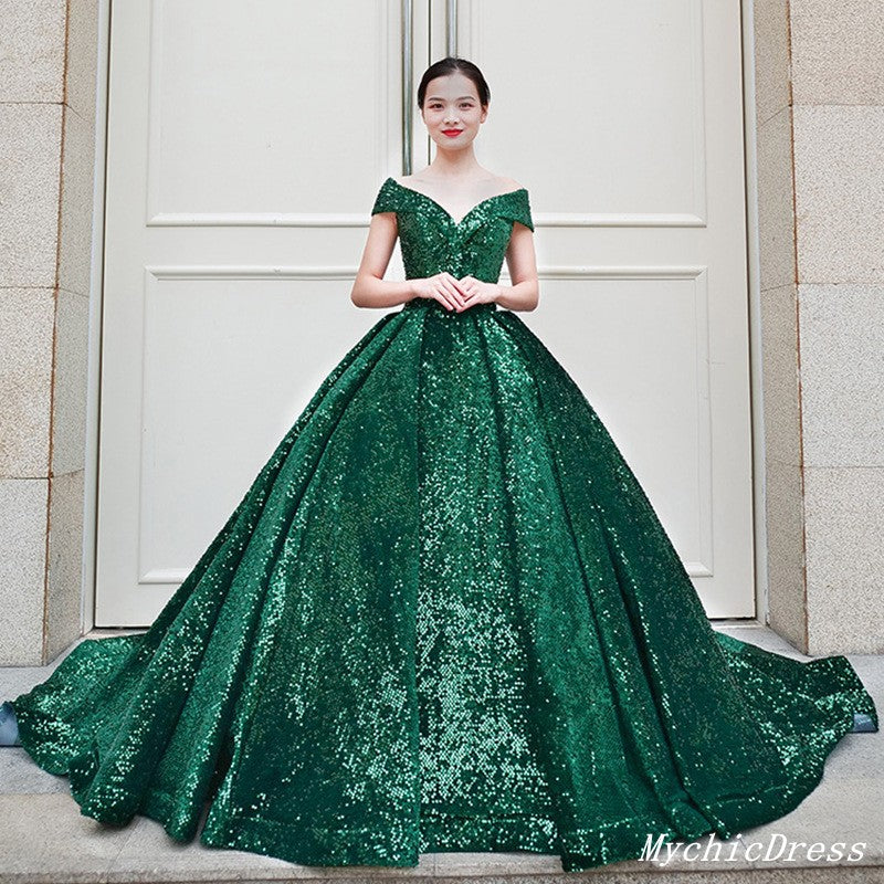 Emerald Green Quinceanera Dresses Sequin Ball Gown Off the Shoulder Wedding Dress MyChicDress