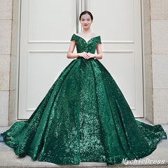 Emerald Green Quinceanera Dresses Sequin Ball Gown Off the Shoulder Wedding Dress MyChicDress