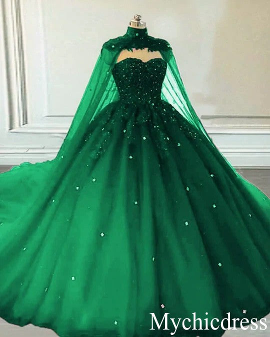 Tulle Emerald Green Quince Dresses Crystals With Cape Free