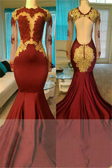 Sexy Long Sleeves Open Back Burgundy Gold Prom Dresses On Sale