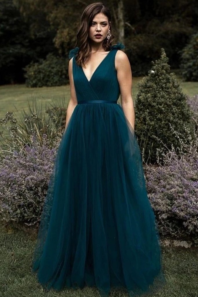 Fall V Neck Emerald Wedding Guest Dresses Tulle Bridesmaid Dresses MyChicDress