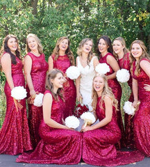 Sleeveless Mermaid Sequin Red Bridesmaid Dresses Round Neck