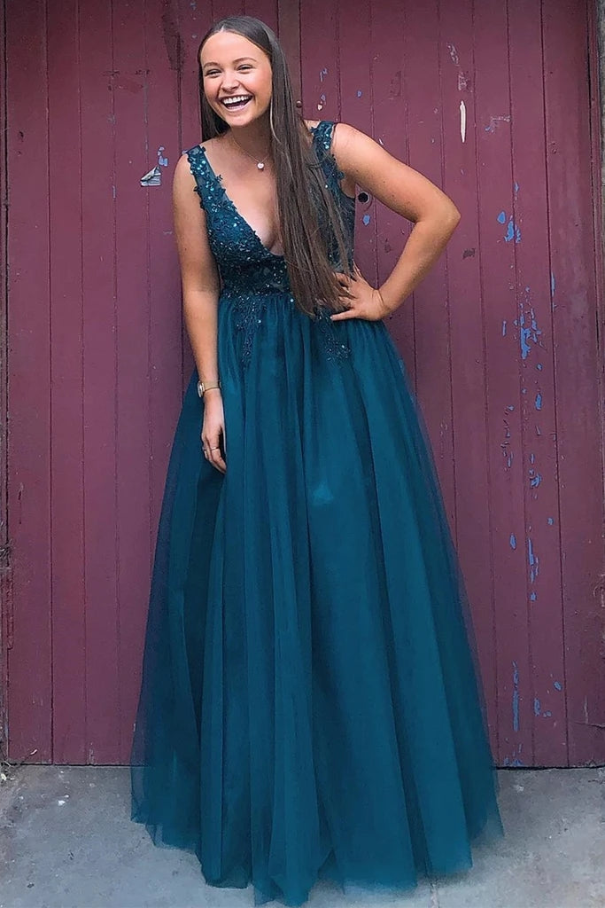 Floor Length Blue Lace Tulle Prom Dresses V Neck Long Formal Dress MyChicDress