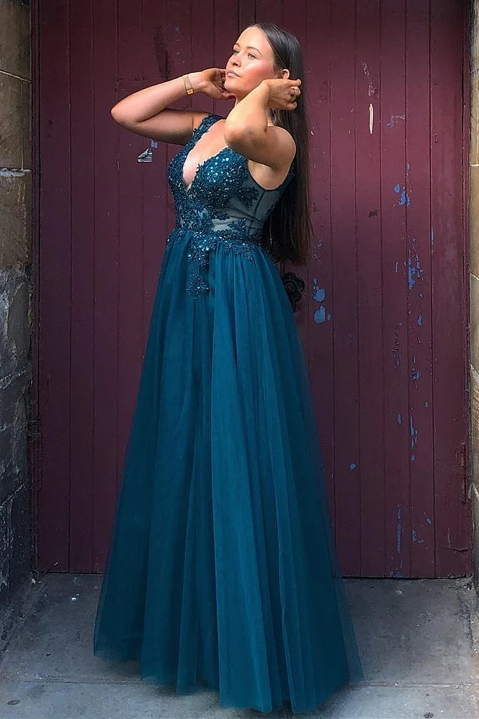 Floor Length Blue Lace Tulle Prom Dresses V Neck Long Formal Dress MyChicDress