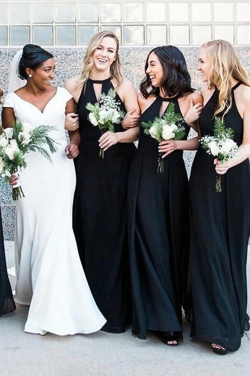 Floor Length Long Black Bridesmaid Dresses Halter Wedding Guest Dress MyChicDress