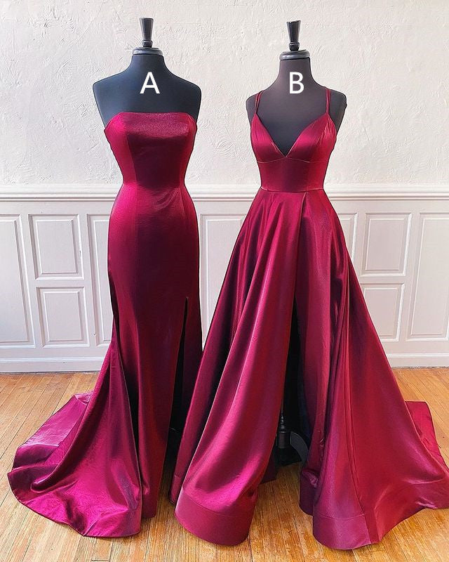 Floor Length Long Satin Burgundy Prom Dresses with Split MyChicDress