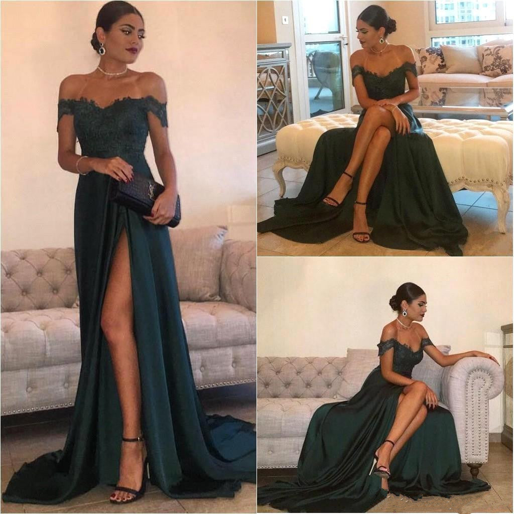 Floor-Length Off-the-Shoulder Lace Navy Blue Prom Dresses Long Split - MyChicDress