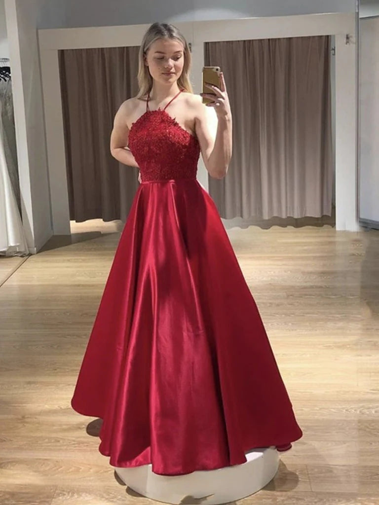 Floor Length Red Lace Prom Dresses Backless Long Evening Dresses MyChicDress