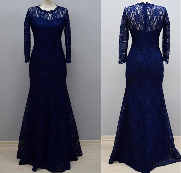 Floor Length Sheath Navy Blue Lace Long Sleeves Bridesmaid Dress Winter Party Dress MyChicDress