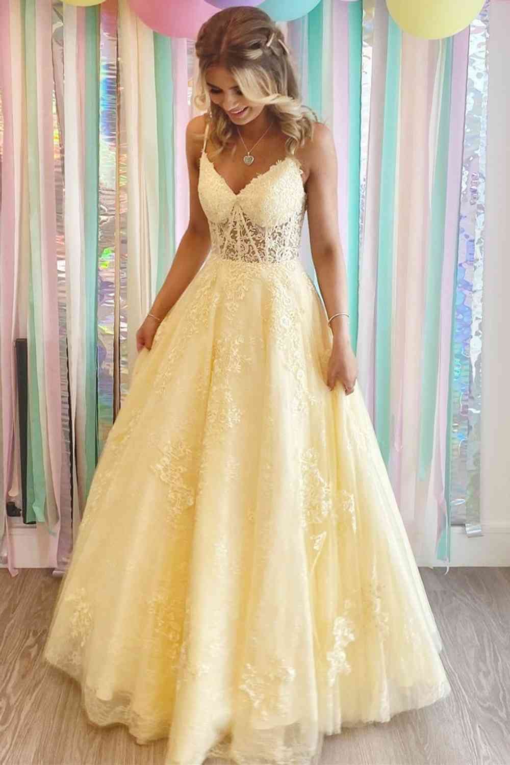 Floor Length Yellow Prom Dresses Lace V-Neck 2024 Long Formal Dresses MyChicDress