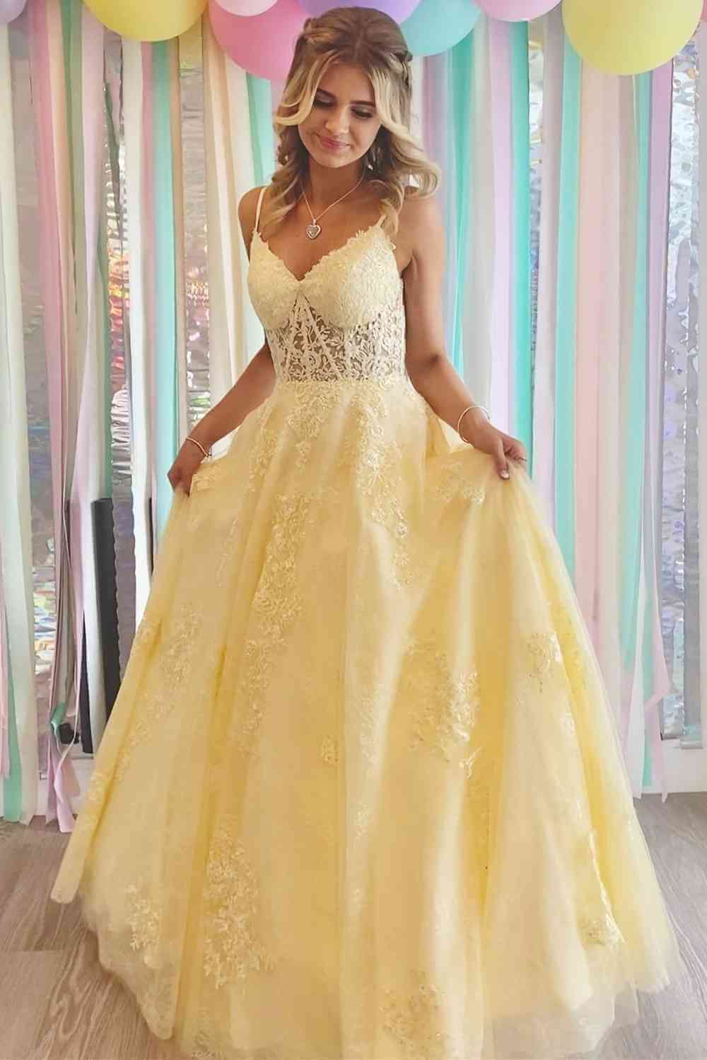 Floor Length Yellow Prom Dresses Lace V-Neck 2024 Long Formal Dresses MyChicDress