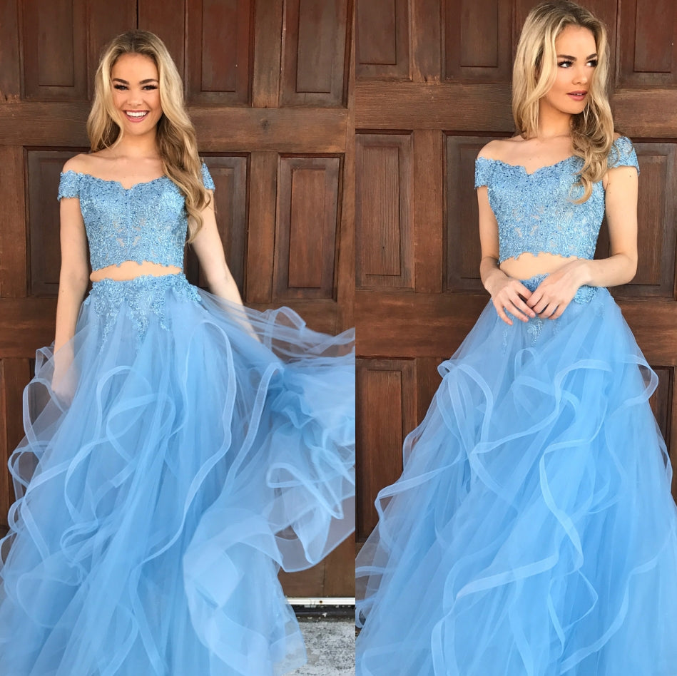 Floor-length Off the shoulder Tulle Blue Two piece Prom Dresses - MyChicDress