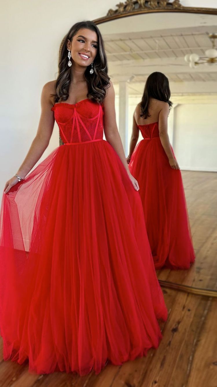 Floor length Red Long Prom Dresses Lace Tulle Strapless Evening Dress UK MyChicDress