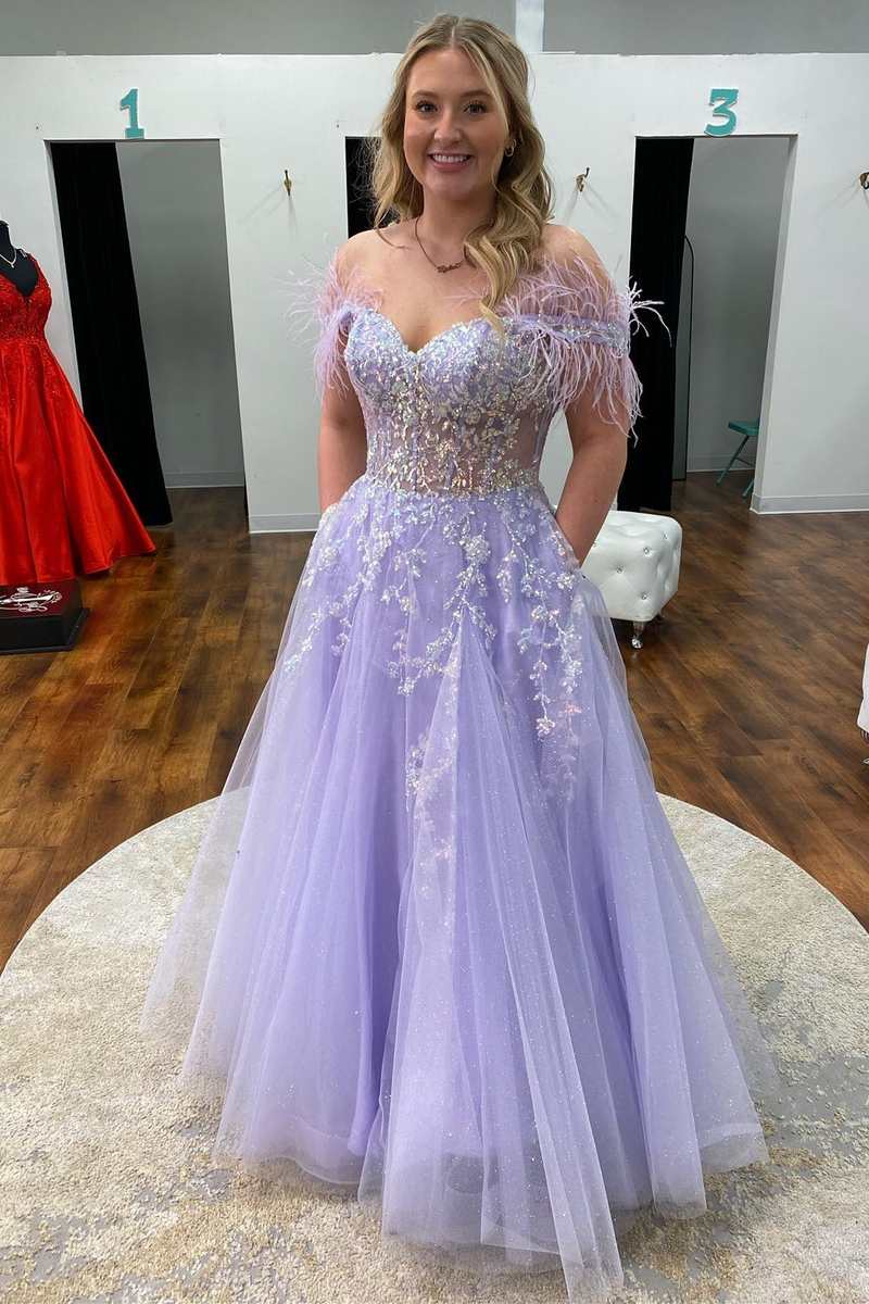 Floral Lavender Prom Dresses Lace Feathers Off-the-Shoulder Evening Gown 2024 MyChicDress