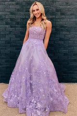 Floral Long Violet Purple Lace Prom Dresses Lilac 2024 Formal Evening Dresses Pockets MyChicDress