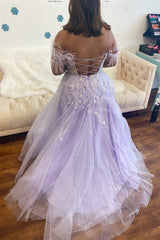 Floral Lavender Prom Dresses Lace Feathers Off-the-Shoulder Evening Gown 2024