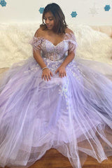 Floral Lavender Prom Dresses Lace Feathers Off-the-Shoulder Evening Gown 2024