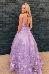 Floral Long Violet Purple Lace Prom Dresses Lilac 2024 Formal Evening Dresses Pockets