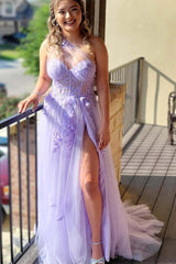 Flowers Lilac 2024 Prom Dresses Lace One Shoulder Applique Sweetheart with Split MyChicDress