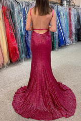 Fuchsia Sequin Prom Dresses Spaghetti Straps Mermaid Long Evening Gown with Slit MyChicDress