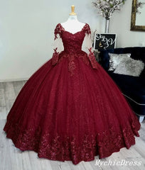 Glitter Long Sleeve Princess Wine Quinceanera Dresses Embellished Sweet 16 Dress MyChicDress