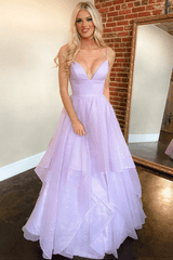 Glitter Purple Tulle Long 20224 Prom Dress Unique V-Neck A-Line Evening Formal Dresses MyChicDress