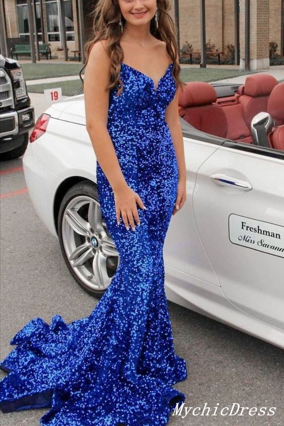 Glitter Sequin Royal Blue Prom Dresses 2024 Long Mermaid Evening Dress MyChicDress