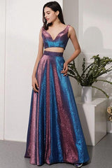 Glitter Two Piece Sequin Prom Dresses Long Evening Dress MyChicDress