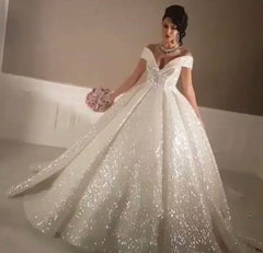 Gorgeous 2025 Sequin Wedding Dresses White A Line Off the Shoulder Bridal Gown MyChicDress