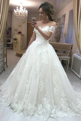 Gorgeous A Line Off the Shoulder Lace Wedding Dresses Tulle Appliques Bridal Gown MyChicDress