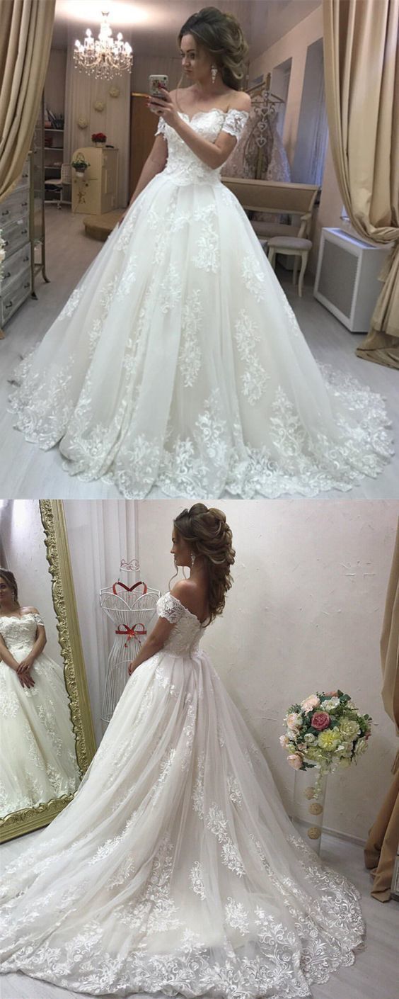 Gorgeous A Line Off the Shoulder Lace Wedding Dresses Tulle Appliques Bridal Gown MyChicDress