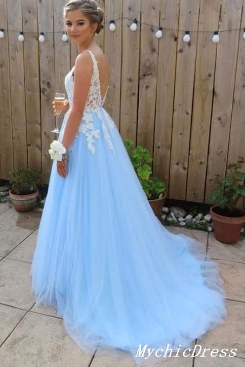 Gorgeous A Line White Lace Light Blue Prom Dress Sleeveless Evening Party Dresses MyChicDress