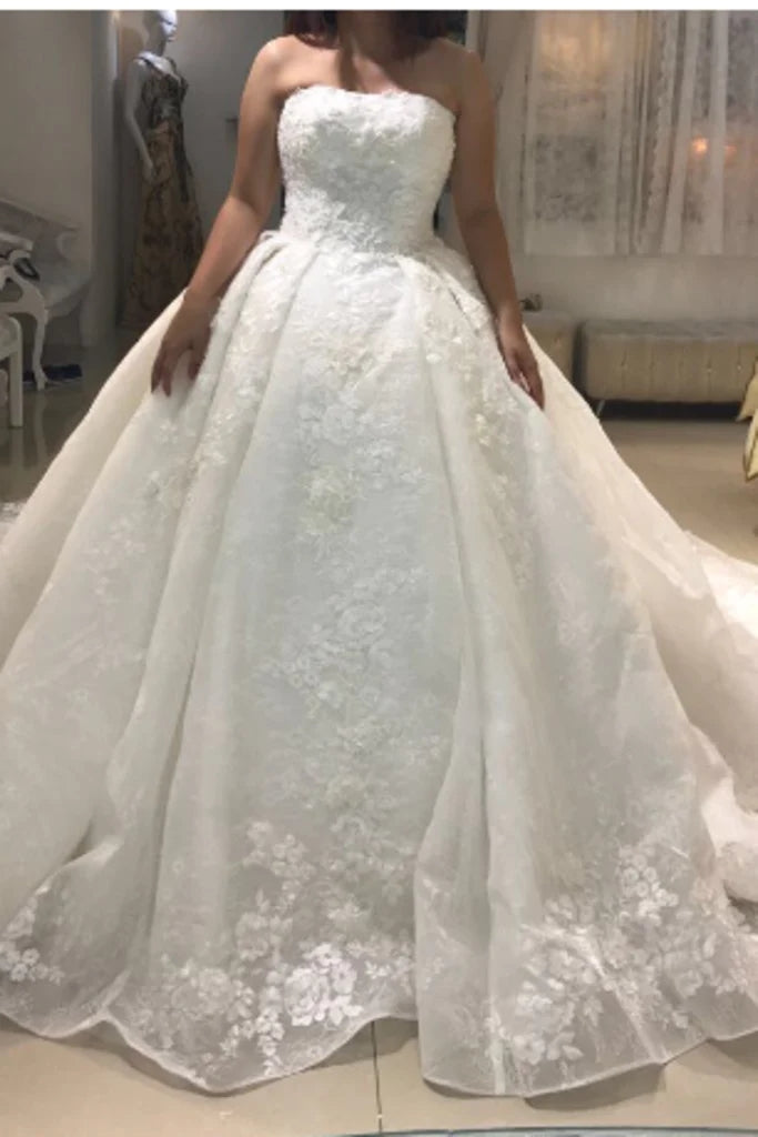 Gorgeous Ball Gown Lace Applique Strapless Wedding Dresses with Train MyChicDress